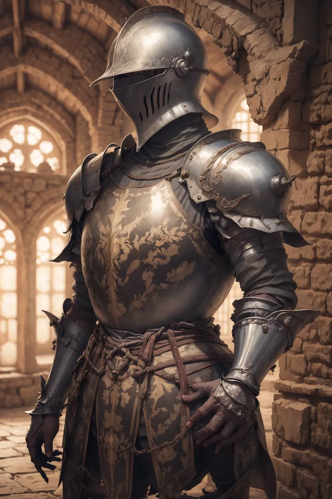 The image shows a knight in full plate armor. The armor is decorated with floral engravings and has gold trim. The knight is wearing a helmet with a visor and a chainmail coif. He is also wearing gauntlets and greaves. The knight is standing in a stone corridor. There are two large windows on the left side of the corridor.