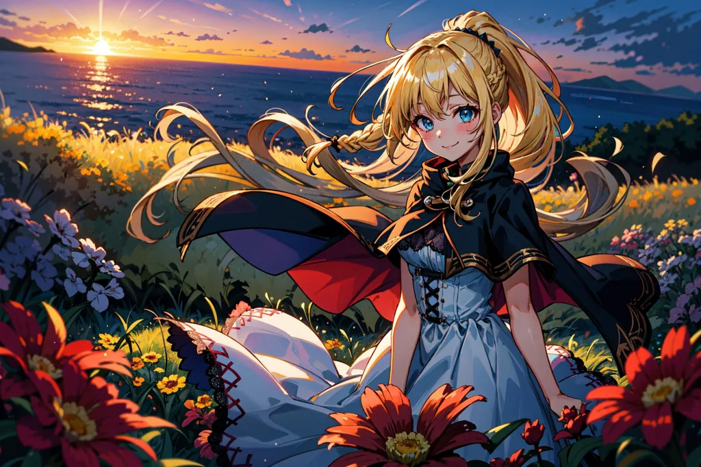 The image is an anime-style drawing of a girl with long blond hair and blue eyes. She is wearing a white dress with a blue cape and is sitting in a field of red and yellow flowers. The sun is setting in the background, casting a warm glow over the scene.