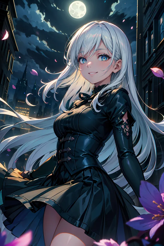 The image is of an anime girl with long white hair and blue eyes. She is wearing a black dress with a white collar. The dress has a pleated skirt and is trimmed with black lace. She is also wearing a black choker and a pair of black boots. The girl is standing in a dark alleyway, and there are buildings in the background. The sky is dark and there is a full moon. The girl is smiling and there are pink flower petals falling around her.