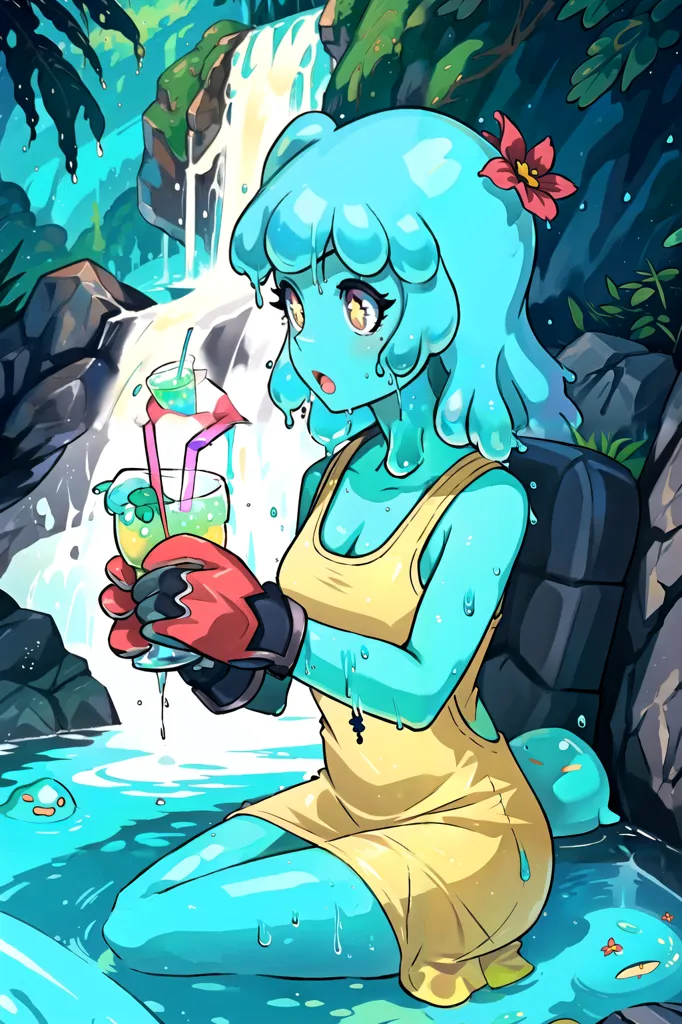 The image shows an anime-style illustration of a blue slime girl in a yellow dress. She is sitting in a waterfall, and there are green plants and rocks in the background. She has a flower in her hair and is holding two drinks with straws. She is wearing black gloves and has a surprised expression on her face.