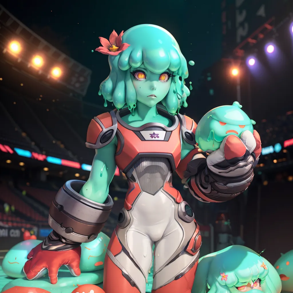 The image is of a green-haired anime girl with yellow eyes. She is wearing a white and orange bodysuit with a star on her chest. She has a slime-like creature in her hand and there are more slimes surrounding her. She is standing in a stadium with a crowd of people watching her.