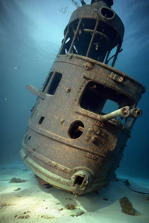 The image shows a shipwreck. It is an old, rusty ship that is covered in barnacles and other marine growth. The ship is sitting on the ocean floor, and there are no people or other objects visible in the image. The water is murky, but you can still see the ship's details. The ship is listing to one side, and its deck is covered in debris. The ship's hull is also badly damaged, and there are several holes in it.