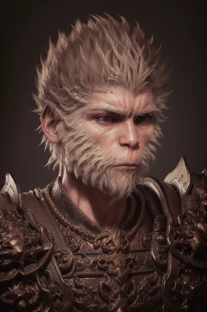 The image is a 3D rendering of a male character with a monkey-like face. He has light brown fur on his head and face, and his eyes are a light brown color. He is wearing a golden headdress and a suit of armor. The armor is decorated with intricate designs, and there are two lion heads on the chest. The character has a serious expression on his face, and he is looking to the right of the frame. The background is a dark brown color, and there is a spotlight shining on the character.