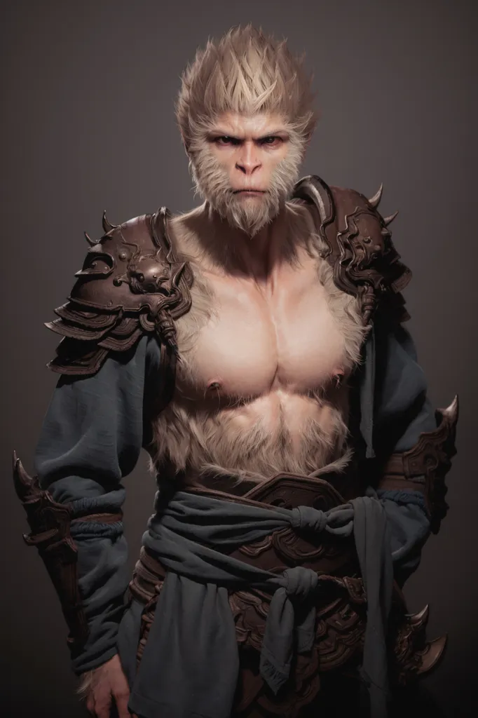 The image shows a muscular man with white fur and blond hair. He is wearing a blue and gray outfit with shoulder pads and a belt. He has a serious expression on his face. He looks like a warrior.