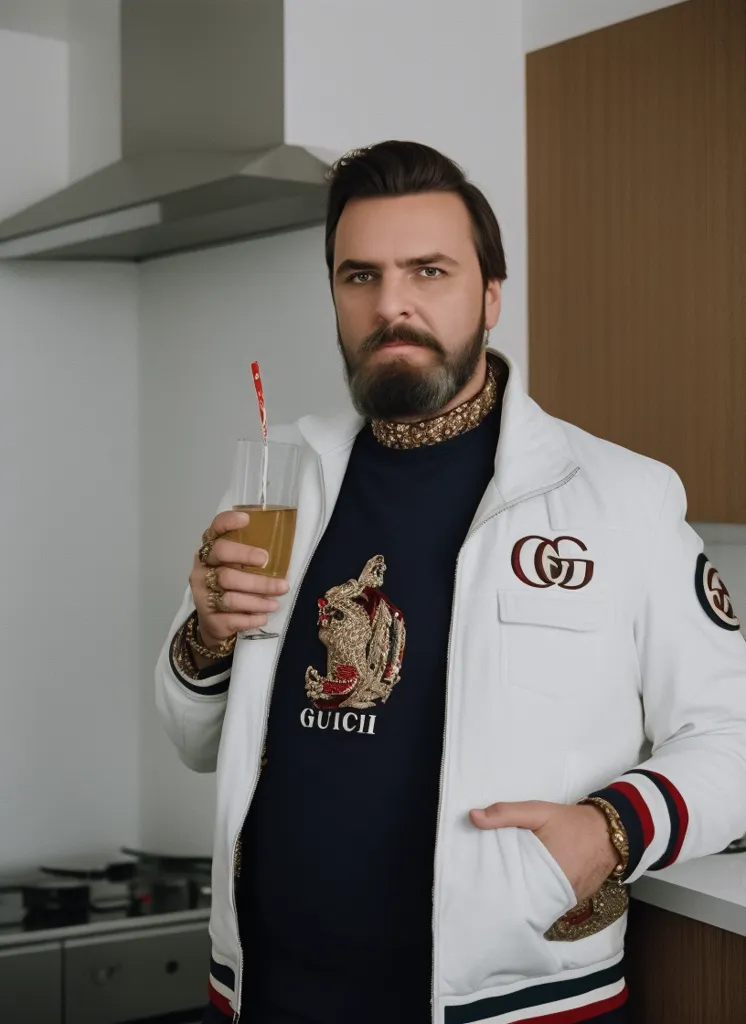 The image shows a man in a white Gucci jacket and a blue sweater with a golden phoenix on it. He has a glass in his hand and is looking at the camera. He has a beard and a mustache. There is a range hood and an oven in the background.