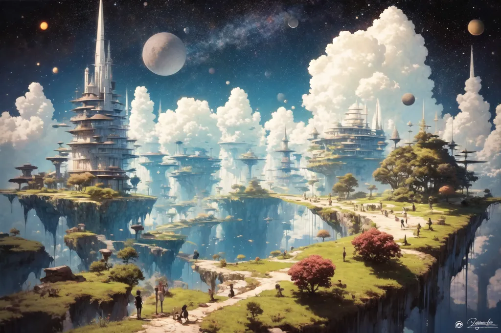 The image is a depiction of a futuristic city. The city is built on a series of floating islands that are connected by bridges and walkways. The islands are surrounded by a sea of clouds and there are several moons and planets in the sky. The city is made up of a variety of buildings, including skyscrapers, temples, and houses. There are also several trees and gardens on the islands. The image is very detailed and the artist has used a variety of colors to create a sense of depth and atmosphere.