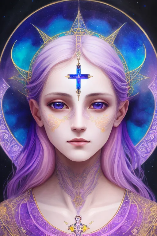 L'image est un portrait d'une belle femme aux longs cheveux violets et aux yeux bleus. Elle porte une robe violette avec un collier en or et une croix sur le front. Elle est entourée d'un fond bleu et violet avec des étoiles et une lune en croissant. L'image est très détaillée et l'expression de la femme est sereine et paisible.