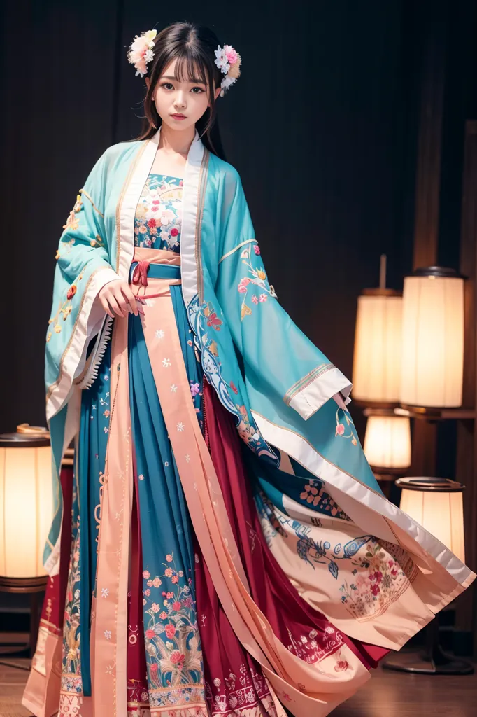 The image shows a young woman wearing a traditional Chinese dress called a Hanfu. The dress is blue and has a floral pattern. The woman has her hair in a bun and is wearing a pink flower in her hair. She is also wearing a necklace and earrings. The background of the image is a dark blue with a gradient to black at the bottom. There are also some lanterns in the background.