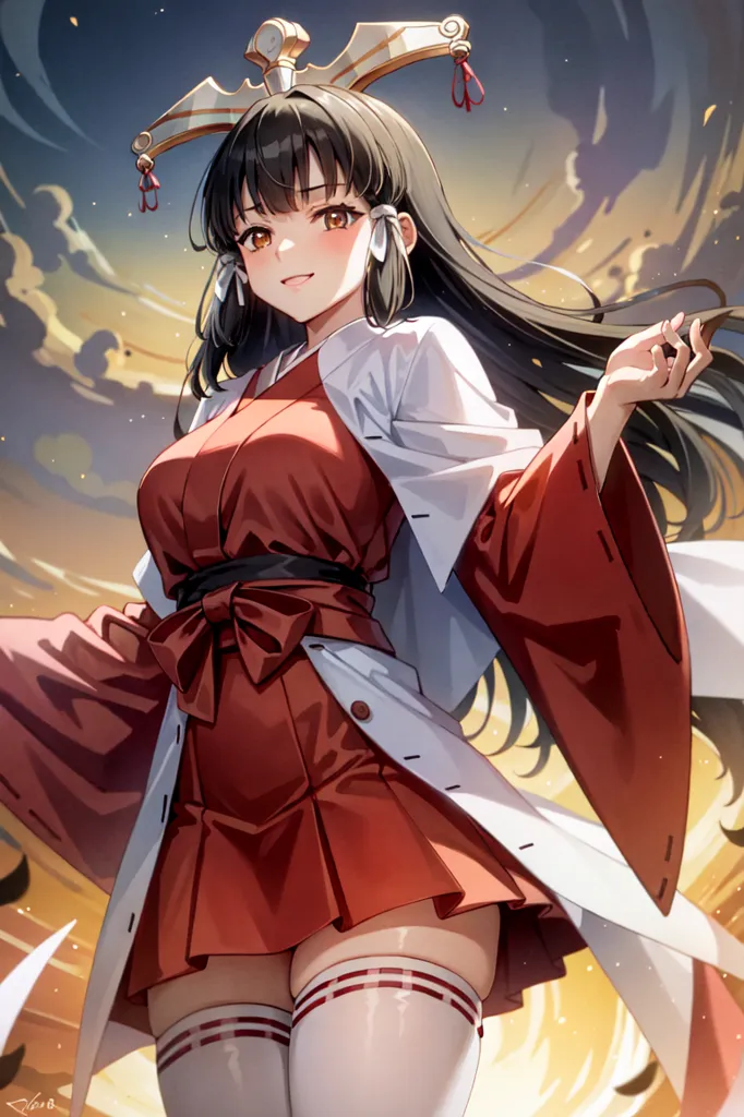 The image is of a young woman with long black hair and brown eyes. She is wearing a red and white kimono with a white obi sash. She is also wearing a pair of white tabi socks and a pair of zori sandals. The woman is standing in front of a dark background with a stormy sky. There are clouds behind her that are a mix of yellow, orange, and red. The woman has a gentle smile on her face and she is looking at the viewer.