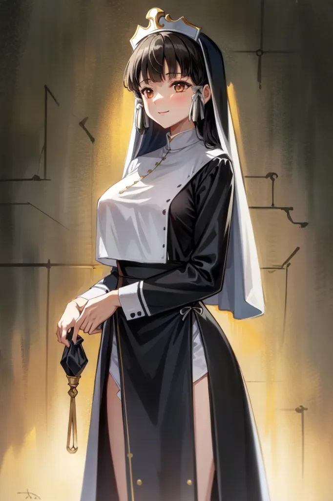 The image is of a young woman dressed as a nun. She is wearing a black habit with a white collar and a white veil. She is also wearing a golden crown. The woman has long brown hair and brown eyes. She is smiling and holding a golden cross in her hands. The background is a blurred image of a church.