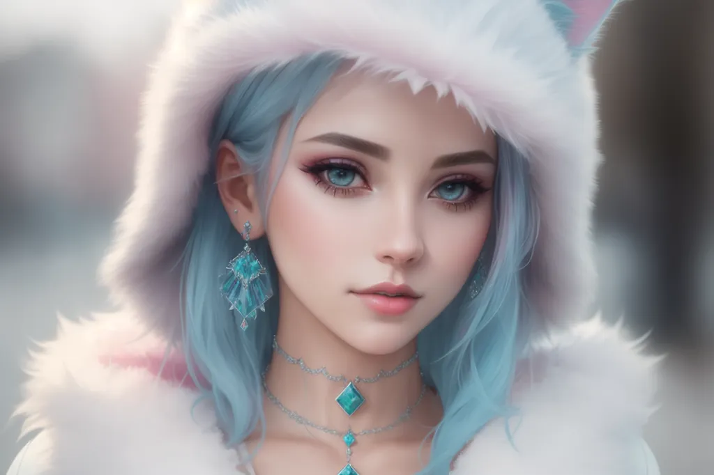 The image is a painting of a young woman with blue hair and eyes. She is wearing a white fur-lined hood and a necklace with a blue diamond pendant. The background is a blur of light blue and white. The woman's expression is soft and serene.