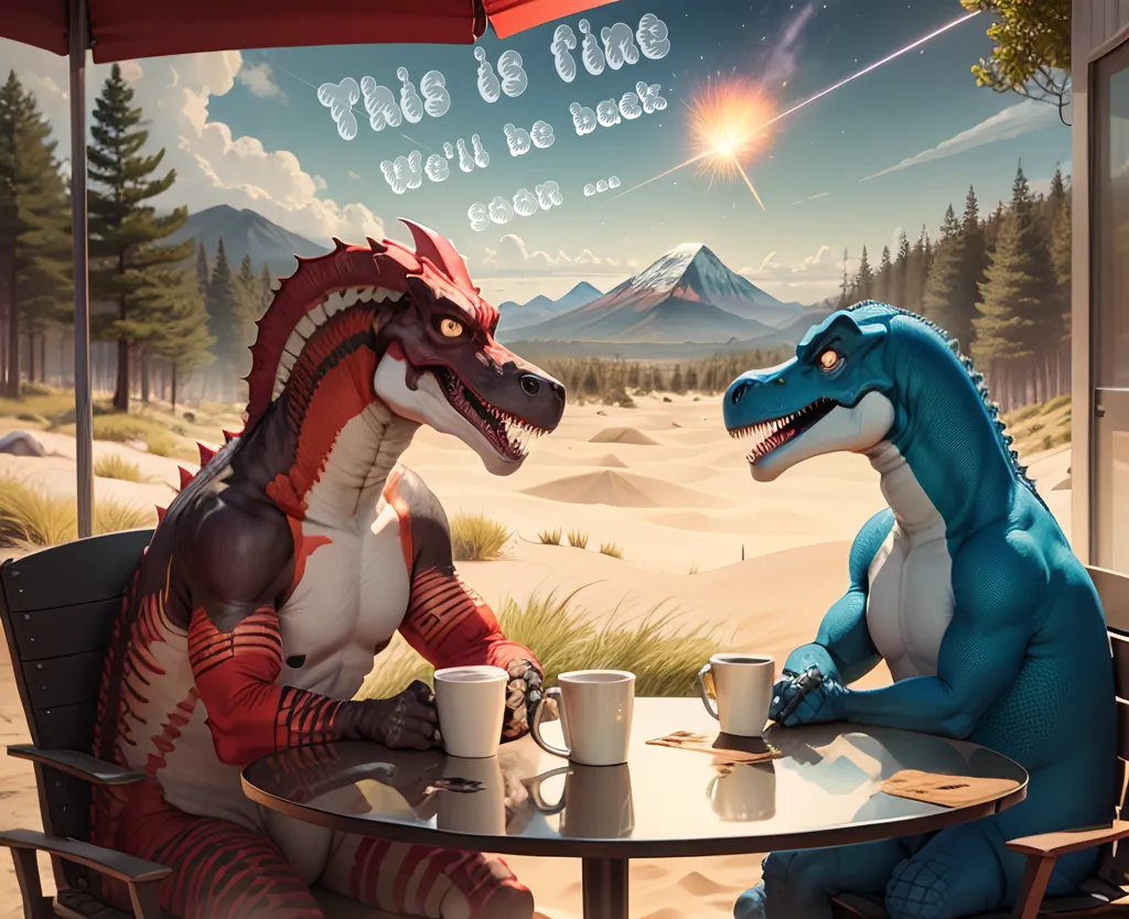 The image shows two dinosaurs sitting at a table and drinking coffee. The one on the left is red and the one on the right is blue. The table is set up on a beach with a mountain in the background. The sun is setting and there is a shooting star in the sky. The dinosaurs are both muscular and have their shirts unbuttoned. The red dinosaur is wearing a red hat and the blue dinosaur is wearing a blue hat. The red dinosaur is holding a coffee cup with his left hand and the blue dinosaur is holding his coffee cup with his right hand.