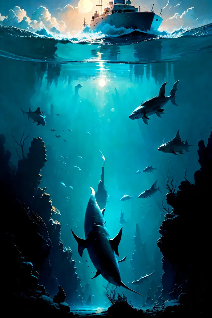 The image is a digital painting of a scene that could take place in the future. It shows a large ship sailing on the surface of a vast ocean. The ship is surrounded by a variety of sea creatures, including sharks, fish, and other marine life. The water is a deep blue color and the sun is shining brightly overhead. The image is full of detail and the artist has used a variety of techniques to create a realistic and immersive scene.