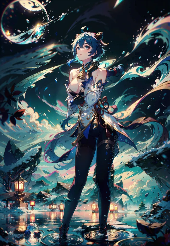 The image is of a young woman with long blue hair and blue eyes. She is wearing a white and blue outfit with a bell on her neck. She is standing in a snowy landscape with a river running through it. There are several lanterns floating in the river and snow-covered mountains in the background. The woman is looking at the lanterns with a smile on her face.