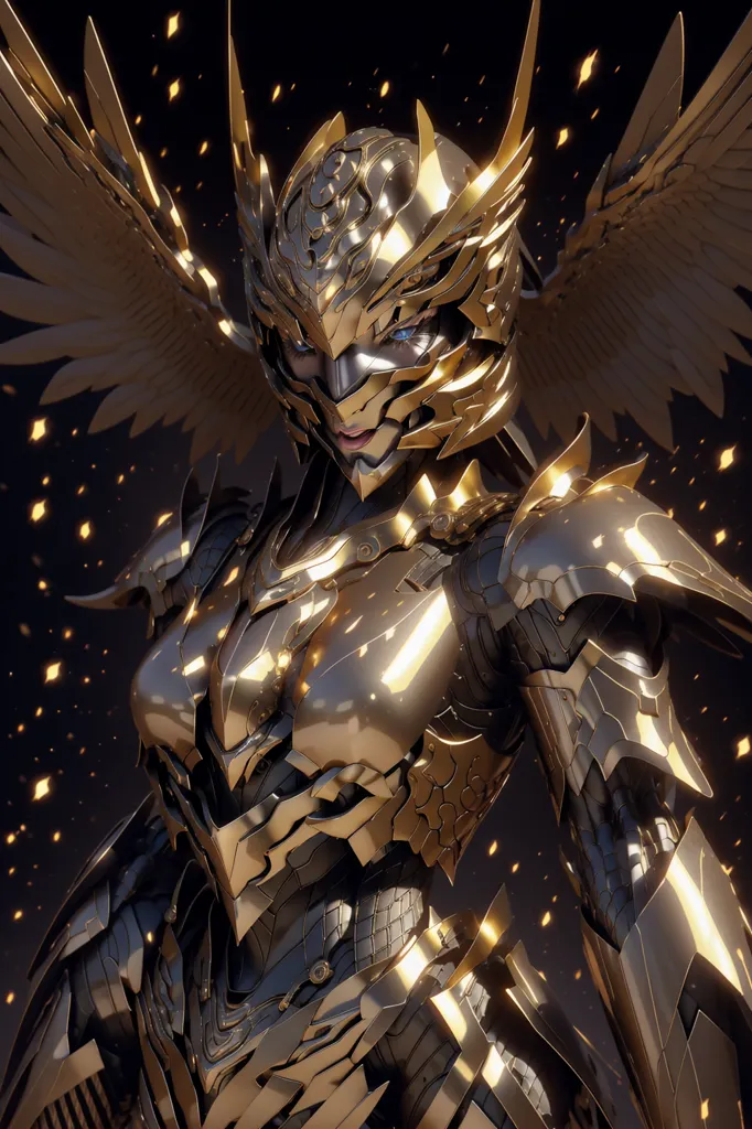 This is an image of a woman wearing a golden armor. She has blue eyes and her face is partially covered by the helmet. The armor has intricate designs and patterns. She has a pair of wings that are also made of gold. The background is dark with some light particles floating around.