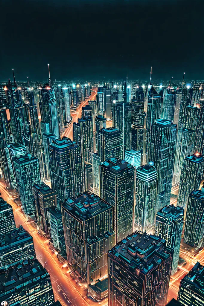 The image is a night view of a futuristic city. The city is full of tall skyscrapers that are lit up by neon lights. The streets are filled with cars and people. There is a river running through the middle of the city. The city is surrounded by mountains.