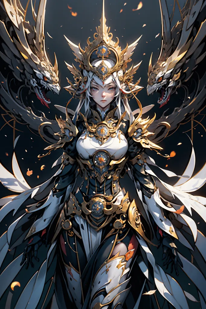 This image shows a woman with long white hair and silver eyes. She is wearing a white and gold armor with a large golden crown on her head. She has two golden dragons on either side of her, and she is standing in front of a dark background.