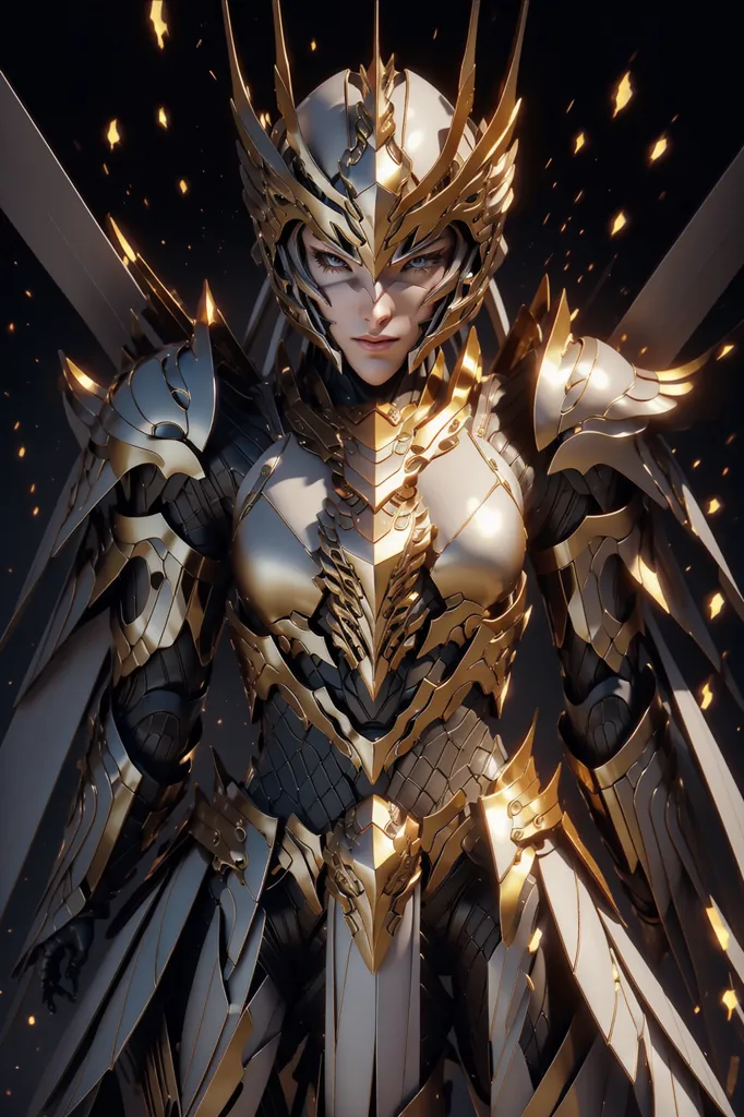 The image is of a woman wearing a golden and silver armor. The armor has intricate details and designs, and there are several pieces that stick out like wings on her back and shoulders. The woman's face is partially obscured by the helmet, but her eyes are visible and they are a light blue color. She is standing in a confident pose, and there is a sense of power and strength in her stance. The background is dark, with a few bright lights that seem to be coming from the woman's armor.