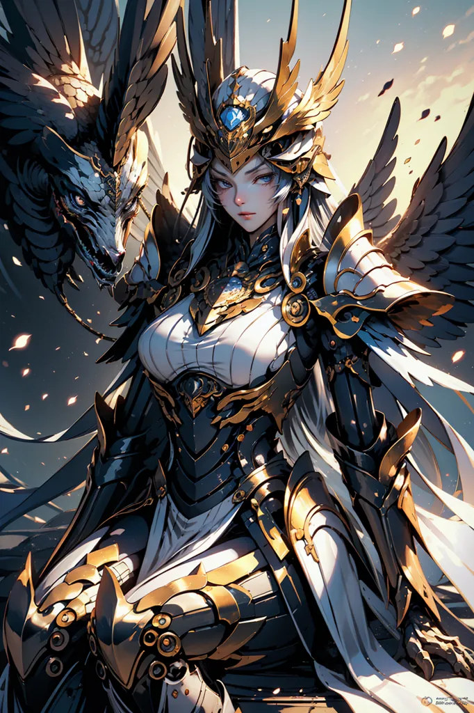 The image is of a beautiful woman with long white hair and blue eyes. She is wearing a golden and silver armor and has a white cape. She is also wearing a helmet with a blue crystal in the center. She is sitting on a rock with her right leg crossed over her left. She is holding a sword in her right hand and a shield in her left hand. There is a white wolf behind her. The background is a sky with clouds.