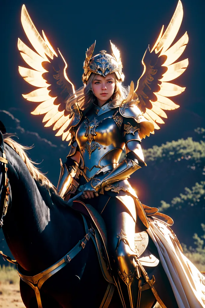 The image is of a woman in golden armor riding a black horse. She has long blond hair and blue eyes. The woman is wearing a helmet and a breastplate. She is also wearing a cape and has a sword on her hip. The horse is wearing a saddle and a bridle. The woman is sitting in a saddle and is holding the reins of the horse. The background is a blur of trees and mountains.