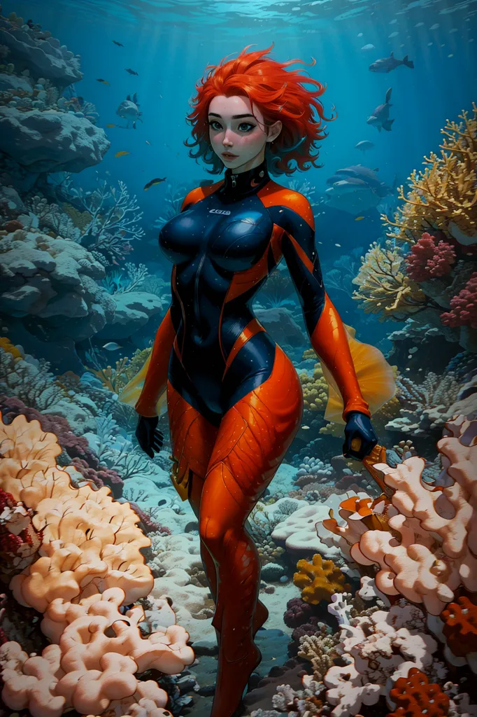 Esta es una imagen de una mujer pelirroja con un traje de neopreno, nadando bajo el agua. Lleva un traje de neopreno negro y naranja con una aleta naranja grande en la pierna derecha. Tiene una expresión seria en el rostro y mira a la cámara. Está rodeada de arrecifes de coral coloridos y peces. El agua es clara y azul.