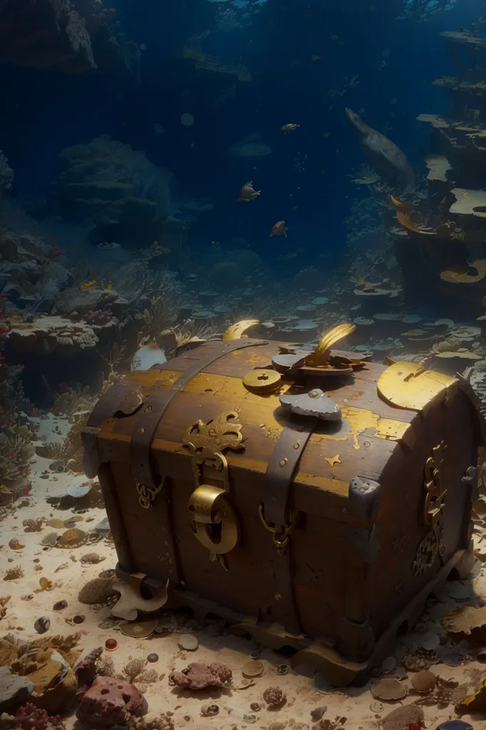 The image is of a treasure chest sitting on the ocean floor. The chest is made of wood and is bound with metal. It is open, and there are gold coins and jewels spilling out of it. The chest is surrounded by sand and coral, and there are fish swimming in the background. The water is a deep blue color, and the light from the surface is creating a shimmering effect on the water.