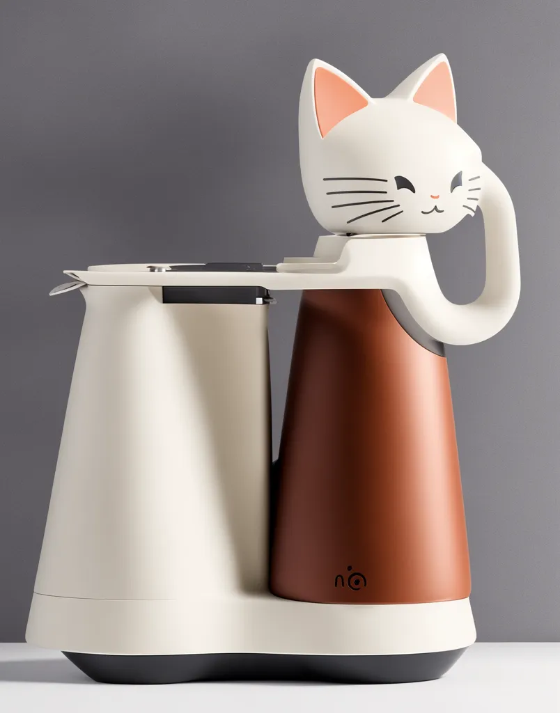 The image shows a coffee maker with a cat-shaped warmer. The coffee maker is white and brown, and the cat-shaped warmer is white with pink ears and a tail. The cat-shaped warmer is sitting on top of the coffee maker, and its paw is holding the coffee maker's handle. The coffee maker and warmer are both smiling.