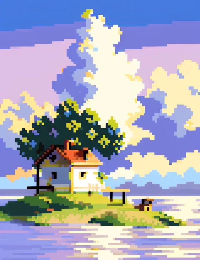 This is a pixel art image of a house on a small island. The house is white with a red roof and there is a tree next to it. The island is surrounded by water and there are clouds in the sky. The image has a warm and inviting atmosphere.