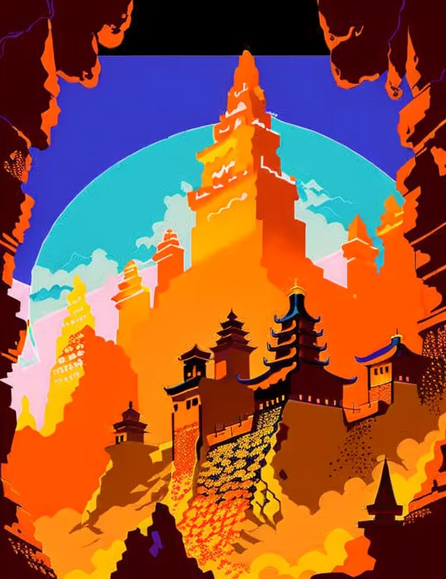 The image is an illustration of a city. The city is built on a series of cliffs and is surrounded by mountains. The buildings are made of orange and yellow stone and have a variety of shapes and sizes. There are several towers and pagodas, as well as a large wall that surrounds the city. The sky is a deep blue color and there are some clouds. There are two large caves in the foreground of the image, which are framing the scene.