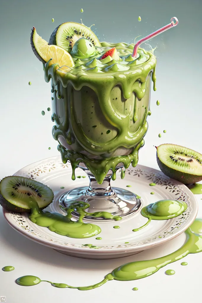 This is a picture of a green smoothie. The smoothie is in a glass with a straw sticking out of it. The glass is sitting on a white plate. There are kiwi slices and lime slices on the plate as well. The smoothie has kiwi seeds in it. The kiwi seeds are black and the kiwi slices are green. The lime slices are yellow. The smoothie is dripping down the sides of the glass and onto the plate.