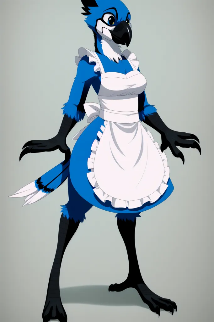 This image shows a blue jay wearing a white apron. The blue jay is standing on two legs and has its arms outstretched. It has a white belly and a black face with a yellow beak. The blue jay is wearing a white apron with a blue bow. It also has a small white collar around its neck.