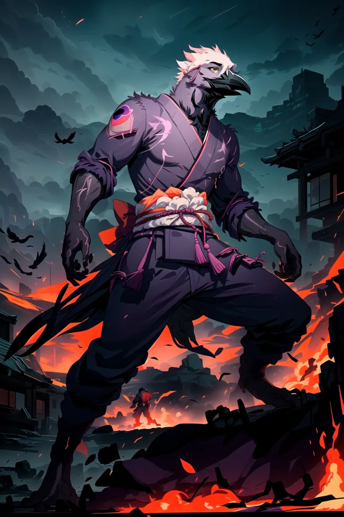 The image is of a tall, muscular man with grey hair and a white streak in the front. He is wearing a black and purple kimono with a red sash. He has a sword in his right hand and a wakizashi in his left hand. He is standing in a ruined city, with a large fire in the background. There are crows flying around him. The man is looking at the viewer with a determined expression.