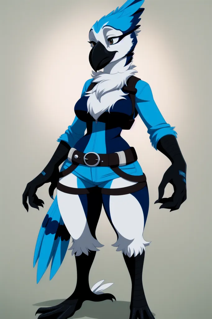 The image is of a blue jay anthropomorphic character. She is wearing a black and blue outfit with a belt and gloves. She has a confident expression on her face and is standing in a powerful pose. Her wings are folded behind her