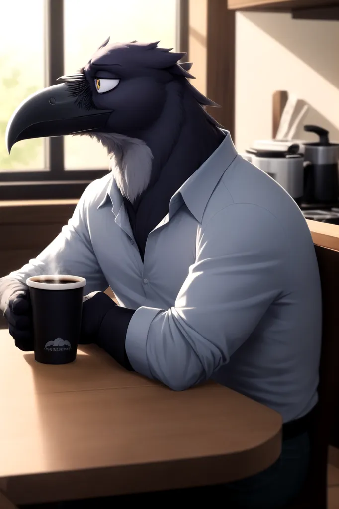 The image is a digital painting of a humanoid crow sitting at a table in a modern kitchen. The crow is wearing a white dress shirt and has a coffee mug in his hands. He is looking out the window to his left with a thoughtful expression on his face. The kitchen is decorated in a modern style with white cabinets and stainless steel appliances. The overall tone of the image is peaceful and contemplative.