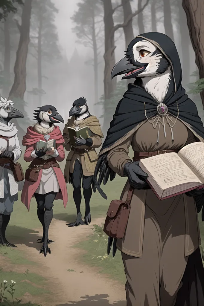 The image shows a group of four anthropomorphic birds walking in a forest. They are all wearing cloaks and carrying books. The bird in the front has a black cloak and is carrying a large book. The bird behind him has a gray cloak and is carrying a smaller book. The third bird has a white cloak and is carrying a book. The fourth bird has a brown cloak and is carrying a book.