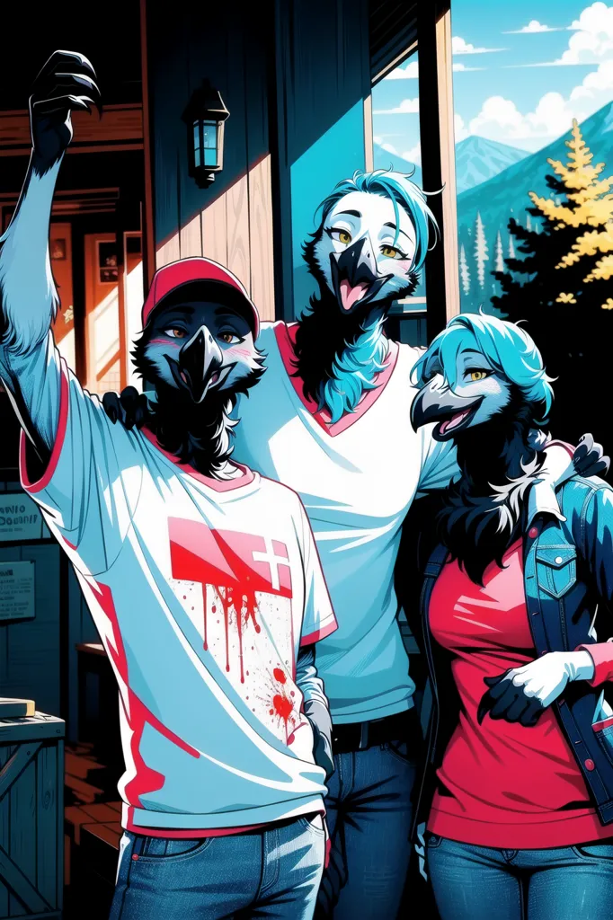 The image shows three anthropomorphic birds posing for a picture. They all have beaks and feathers, but they are otherwise dressed like humans. The bird on the left is wearing a red hat and a white shirt with a red cross on it. The bird in the middle is wearing a white shirt and blue jeans. The bird on the right is wearing a red shirt and a blue jean jacket. They are all standing in front of a wooden house. There are mountains in the background.