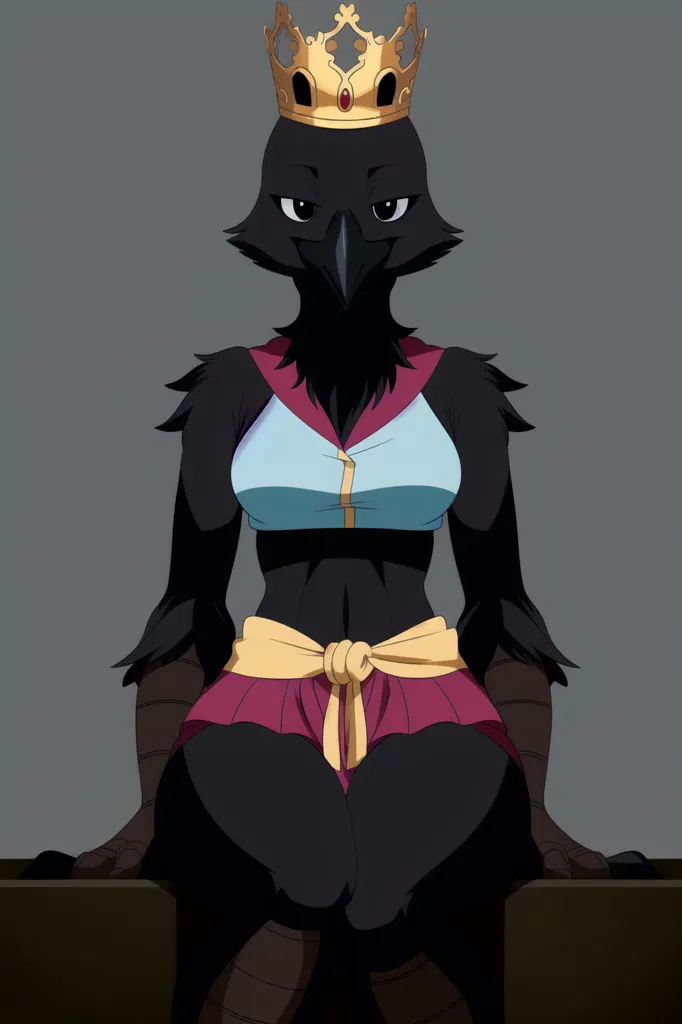 The image is of a humanoid crow wearing a golden crown. The crow is sitting on a perch and is looking at the viewer with a serious expression. It is wearing a blue and white sports bra and a yellow loincloth. It has black feathers and yellow eyes.