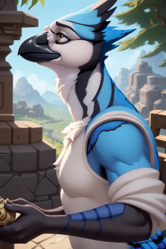 The image shows a blue jay anthro character. They have black and white striped feathers on their head and neck, with a white belly and blue wings and back. They are wearing a white shirt and have a gold coin in their hand. They are standing in front of a stone building with a large wooden door. There are mountains in the background.