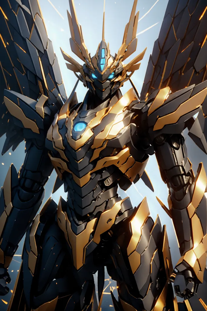 The image is a robot with black and gold armor. It has a blue crystal on its chest. It has large wings that are black and gold. It is standing in a fighting stance.