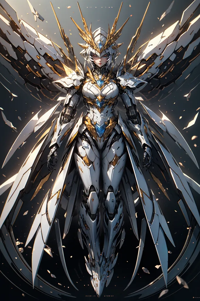 The image is a digital painting of a mecha girl. She is standing in a powerful pose, with her wings spread out behind her. She is wearing a white and gold bodysuit that covers her entire body. Her face is beautiful, with long white hair and piercing blue eyes. Her wings are made of sharp, metallic feathers, and they look like they could cut through anything. The background is a dark, starry sky, with a few clouds floating around. The image is very detailed, and the artist has clearly put a lot of thought into the design of the character.