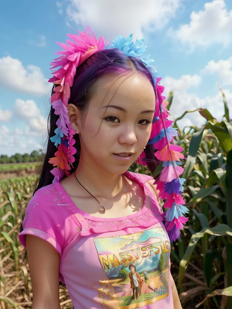 Esta imagen muestra a una mujer joven de pie en un campo de maíz. Lleva una camisa rosa y tiene el pelo morado con flores azules y rosas. También lleva un collar. El fondo de la imagen es un cielo azul con nubes blancas.