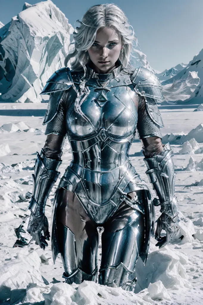 This image shows a woman dressed in silver armor. The armor has intricate designs and appears to be made of metal. The woman has long white hair and blue eyes. She is standing in a snowy landscape, with mountains in the background. The woman has a sword in her right hand and is looking to the left.