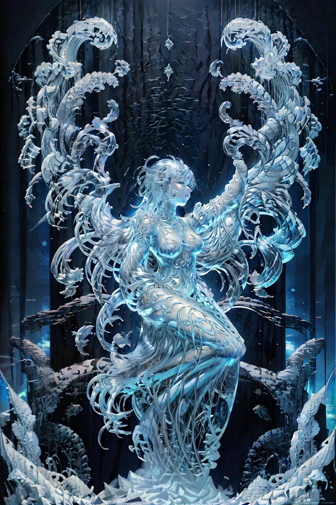 La imagen es una representación de una mujer hecha de hielo y nieve. Ella está de pie en un lugar oscuro, con solo unos pocos rayos de luz que brillan sobre ella. La mujer es muy hermosa, con un cabello largo y ondulado y una figura perfecta. Su piel es pálida y sin defectos, y sus ojos son de un azul profundo. Ella lleva un vestido hecho de hielo y nieve, y sus pies están descalzos. La mujer está rodeada de hielo y nieve, y se ve muy fría. Sin embargo, también se ve muy tranquila y serena.