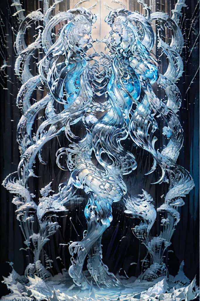 The picture shows two women made of ice and water. They are standing in front of each other with their arms outstretched. Their long, flowing hair is made of icicles. The background is a dark forest with bare trees.