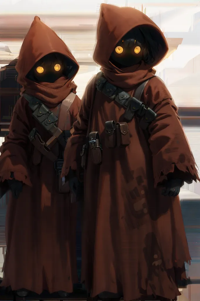 This image shows two Jawas standing side by side. They are both wearing brown robes with hoods and have yellow eyes. They also have bandoliers with pouches and other items attached to them. The Jawas are standing in a sandy, rocky area with a large building in the background.