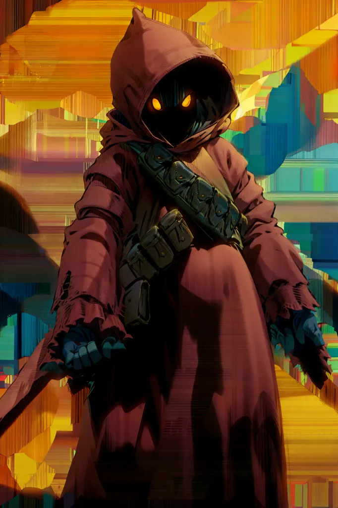 This is an illustration of a Jawa, a fictional species from the Star Wars universe. Jawas are small, desert-dwelling creatures known for their scavenging and trading skills. They are typically depicted as wearing tattered robes and carrying a variety of gadgets and weapons.

In this image, the Jawa is wearing a brown robe with a hood. Its face is obscured by the hood, but its glowing yellow eyes are visible. The Jawa is also carrying a staff and a bandolier of ammunition. It is standing in a sandy environment, with a bright yellow sky in the background.