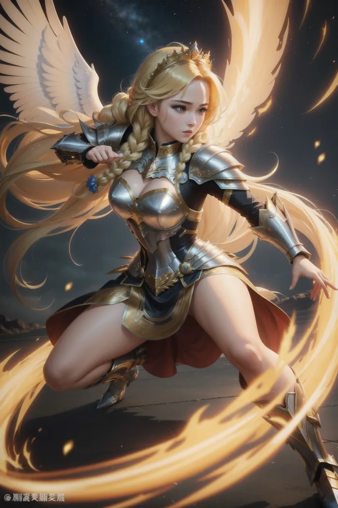 The image shows a beautiful woman with long blond hair and blue eyes. She is wearing a silver and gold armor and has a pair of wings made of white feathers. She is kneeling on one knee and has her right hand raised, ready to attack. The background is a dark night sky with a few stars.