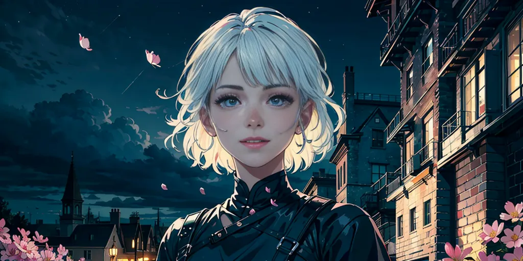 The image is a painting of a young woman with short white hair and blue eyes. She is wearing a black leather jacket and standing in a European-style street with buildings on both sides. The sky is dark and cloudy, and there are some pink flowers in the foreground. The painting is done in a realistic style, and the woman's expression is serious and thoughtful.