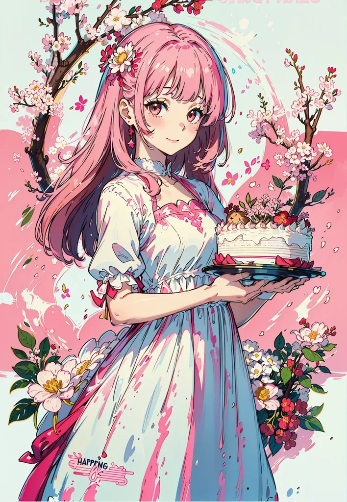 The image is of a young girl with pink hair and pink eyes. She is wearing a white dress with a pink sash and has a cake on a plate in her hands. The background is a pink and white blur with some cherry blossoms. The girl is smiling and looks happy.