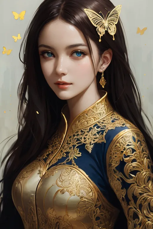 The image is a portrait of a beautiful young woman with long, dark hair and blue eyes. She is wearing a blue and gold dress with a butterfly hairpin. There are butterflies around her head. The background is a soft, light color. The woman's expression is serene and thoughtful. She seems to be lost in thought, contemplating something important. The image is very detailed and realistic. The artist has used a variety of techniques to create a sense of depth and realism. The lighting is used to highlight the woman's face and hair, and to create a sense of atmosphere. The colors are vibrant and saturated, and the textures are rich and detailed. The overall effect is one of beauty and elegance.